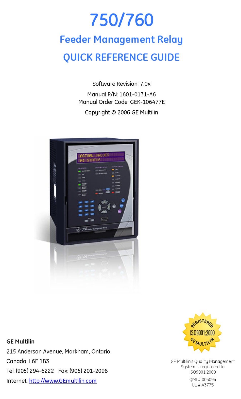 GE MULTILIN 750 QUICK REFERENCE MANUAL Pdf Download ManualsLib