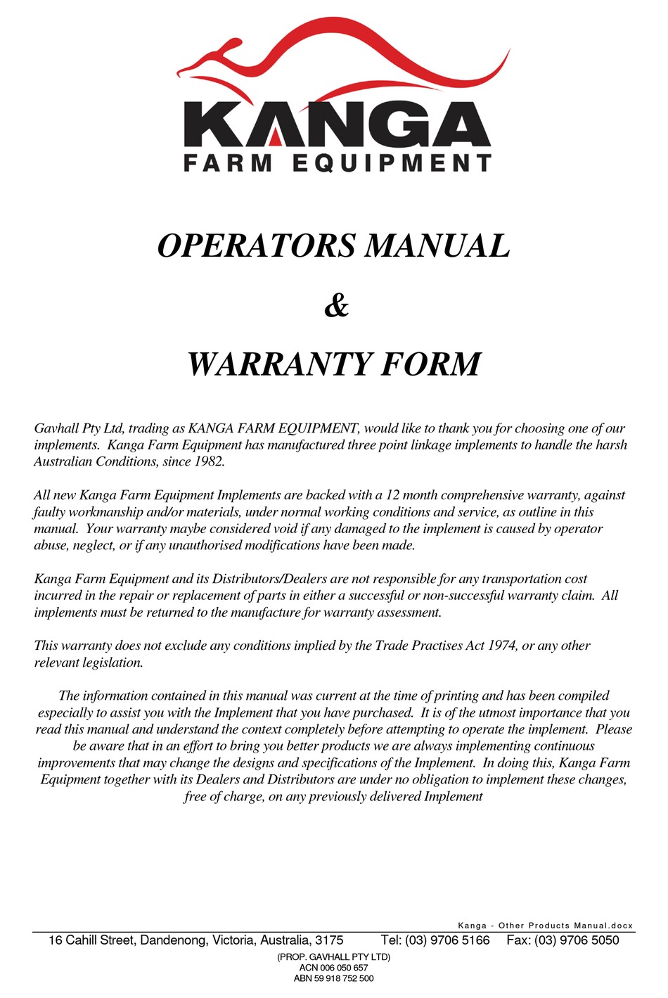 KANGA 1200906 OPERATOR'S MANUAL Pdf Download ManualsLib