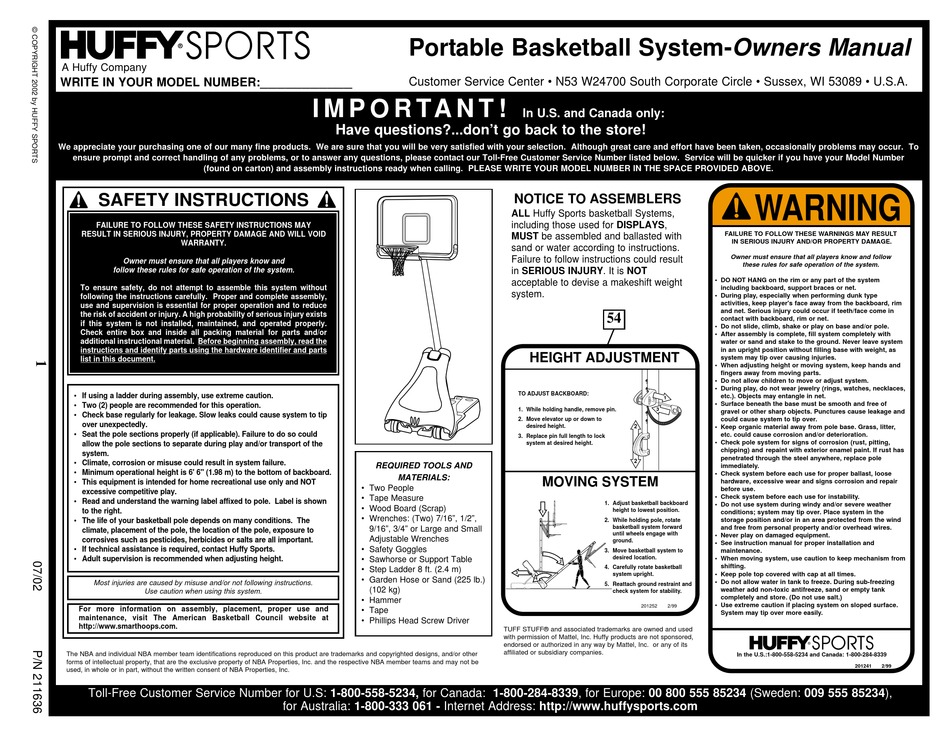 HUFFY PORTABLE BASKETBALL SYSTEM OWNER'S MANUAL Pdf Download ManualsLib