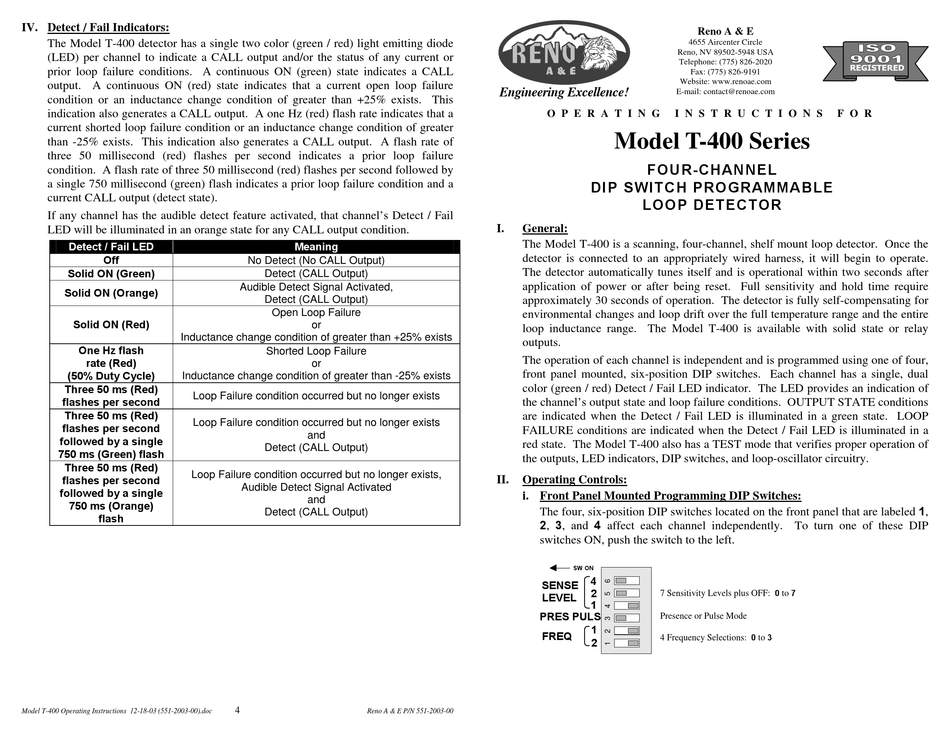 RENO A&E T400 SERIES OPERATING INSTRUCTIONS Pdf Download ManualsLib