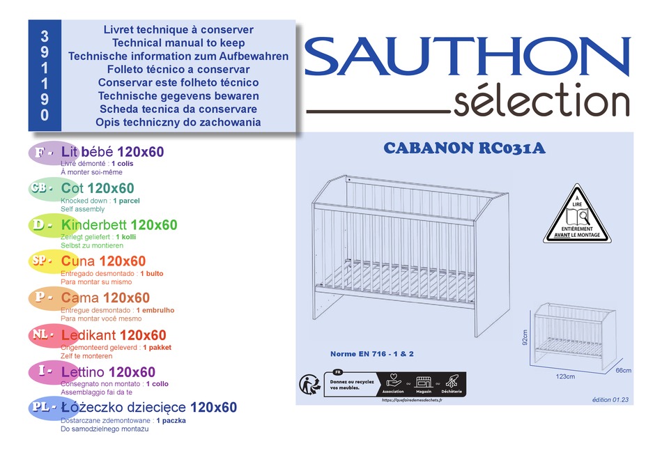LIT BEBE 120x60 CABANON - Sauthon