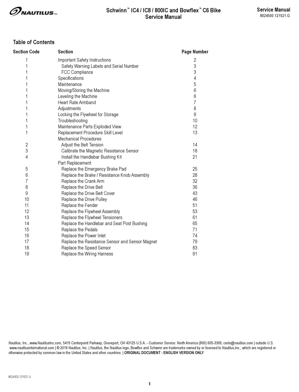 NAUTILUS SCHWINN 800IC SERVICE MANUAL Pdf Download ManualsLib