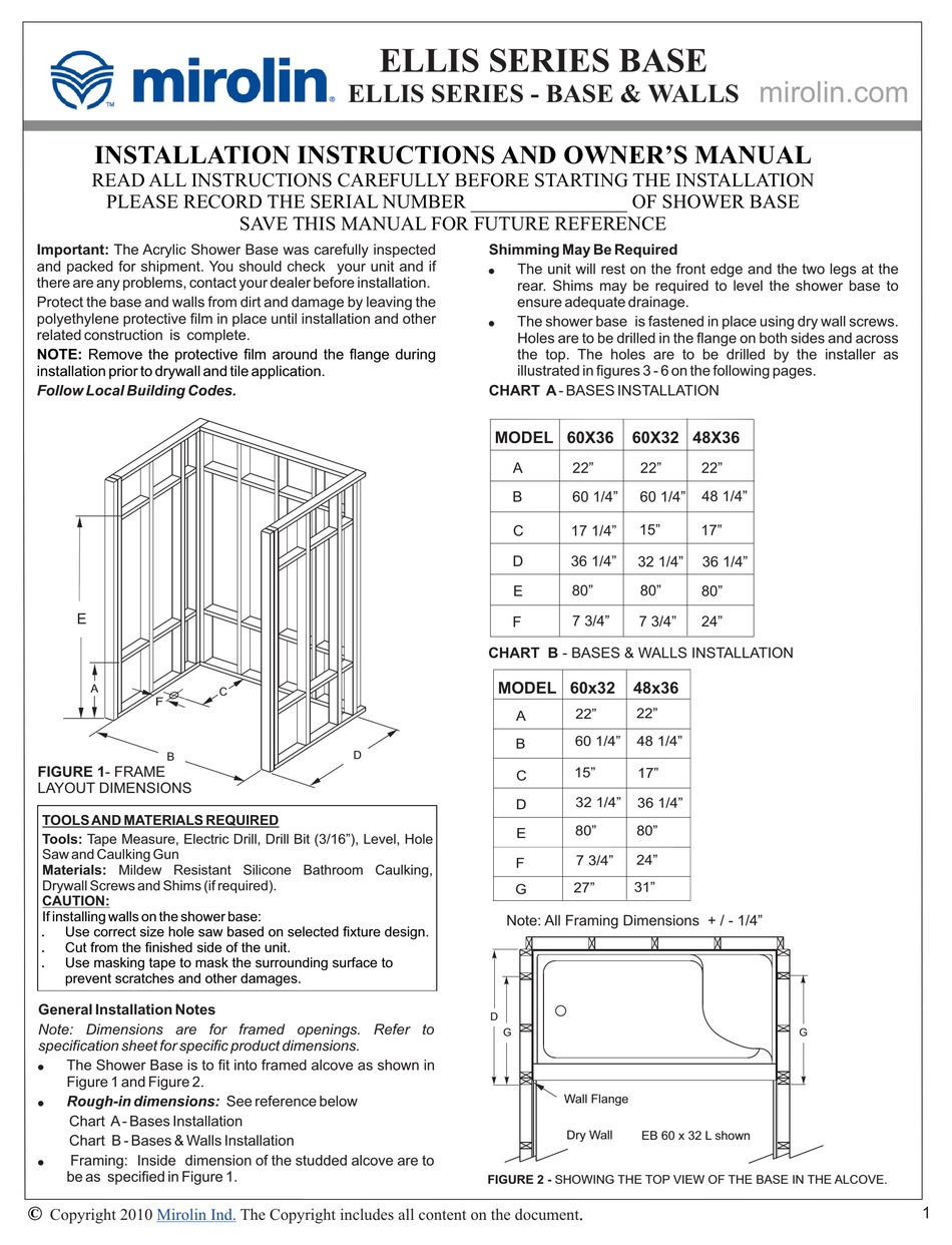MIROLIN ELLIS SERIES INSTALLATION INSTRUCTIONS AND OWNER'S MANUAL Pdf