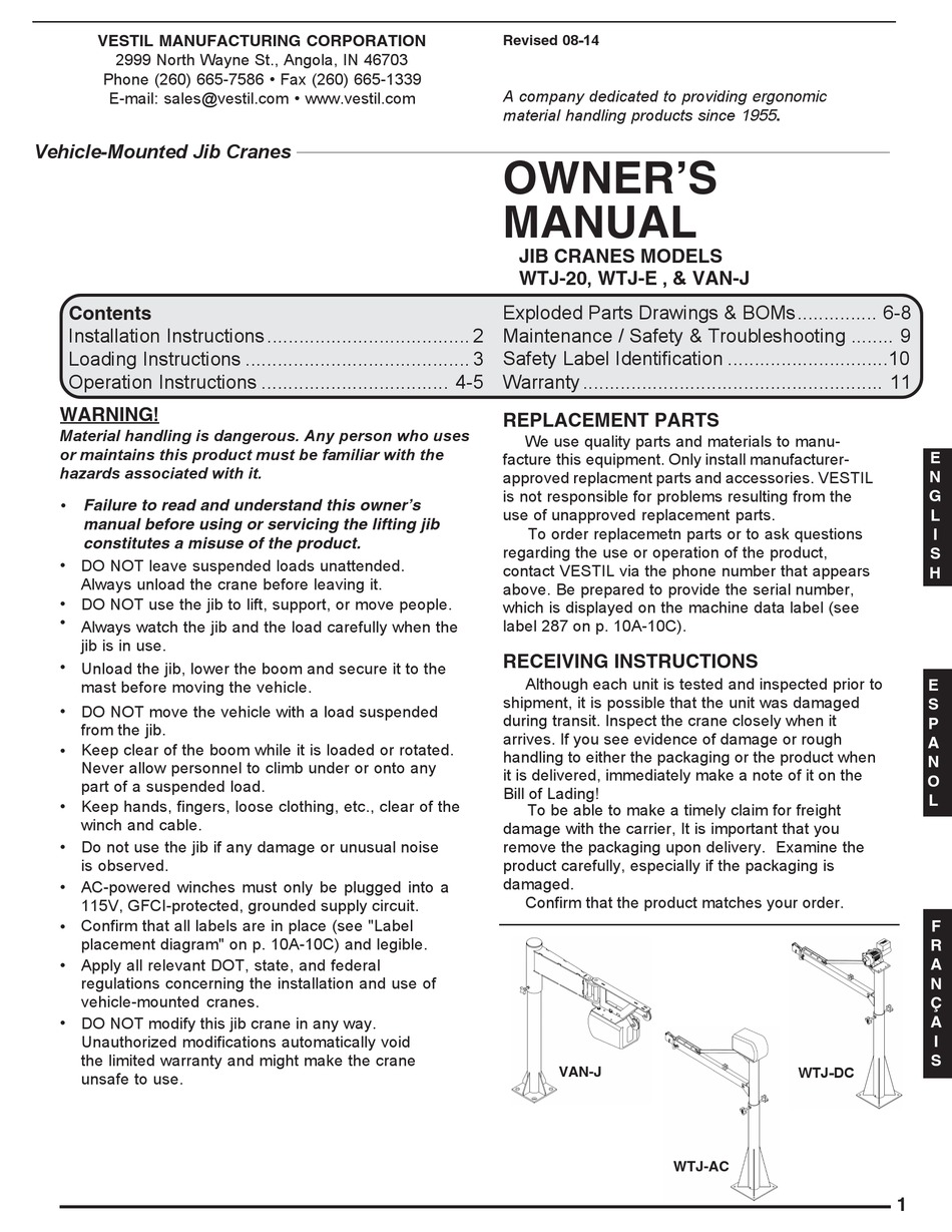 Vestil Wtj Owner S Manual Pdf Download Manualslib