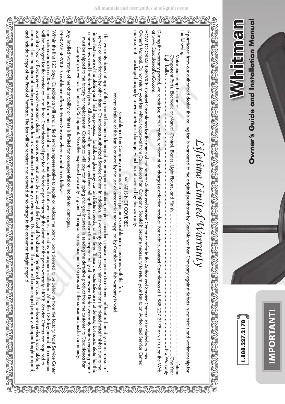 HUNTER WHITMAN OWNER'S MANUAL AND INSTALLATION MANUAL Pdf Download