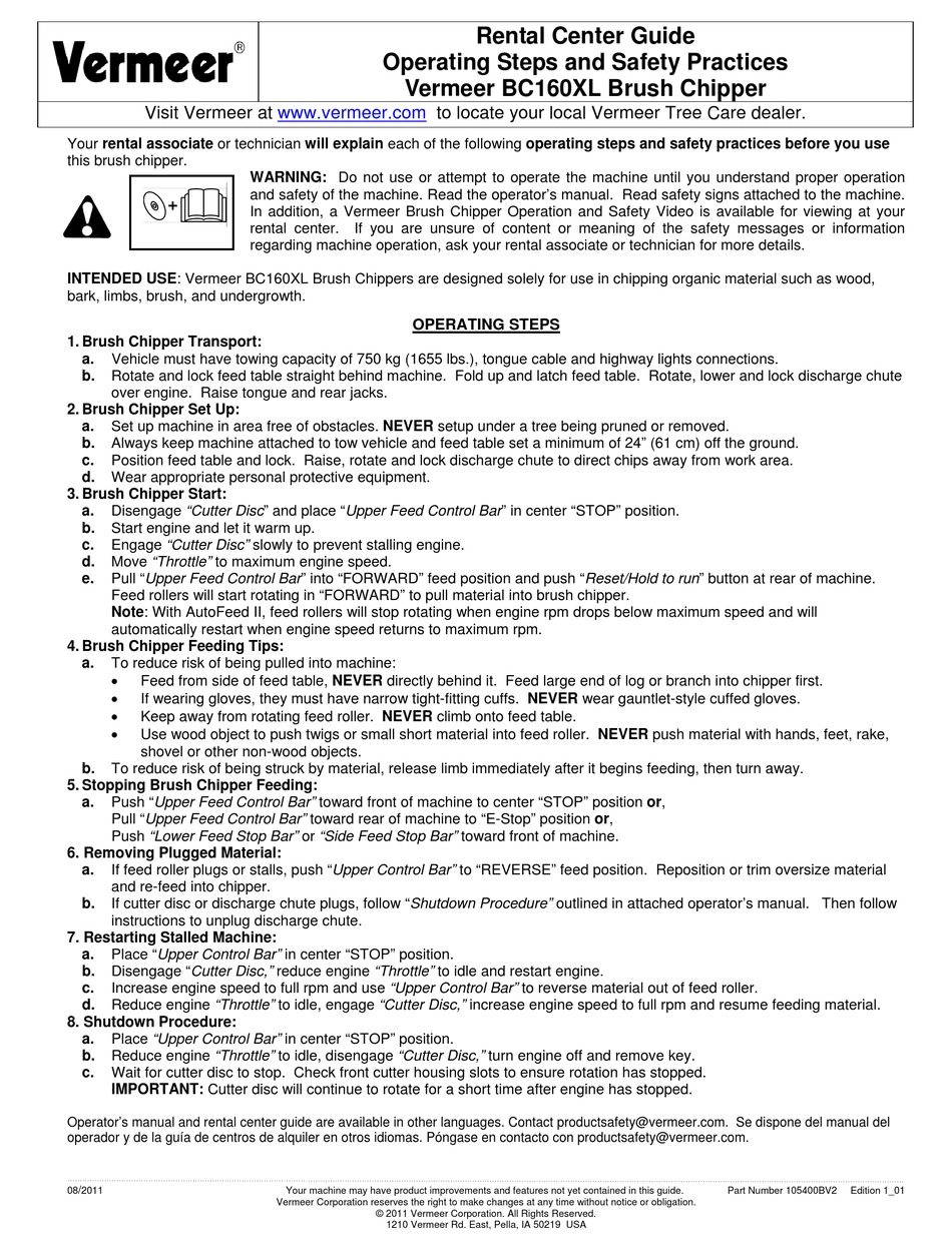 VERMEER BC160XL OPERATING AND SAFETY INSTRUCTIONS Pdf Download ManualsLib