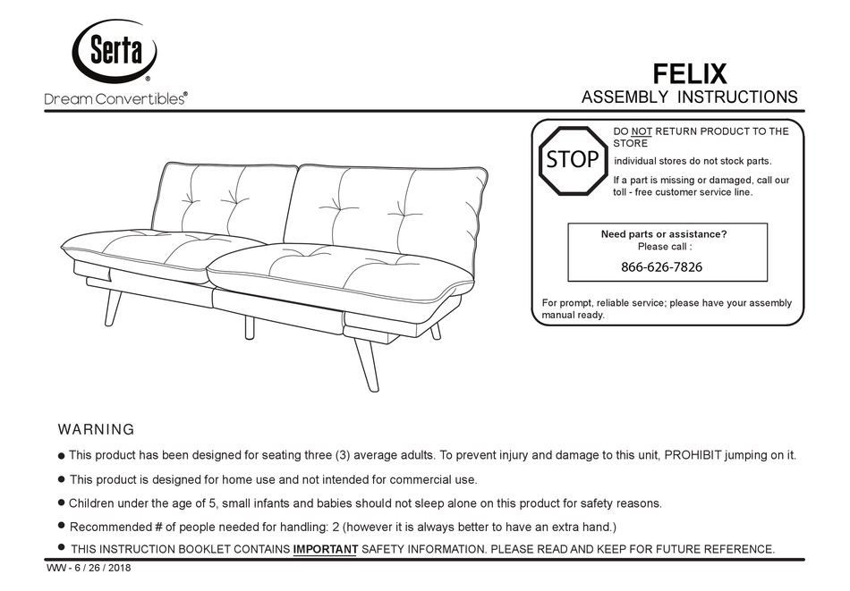 SERTA DREAM CONVERTIBLES FELIX ASSEMBLY INSTRUCTIONS MANUAL Pdf   Serta Dream Convertibles Felix 