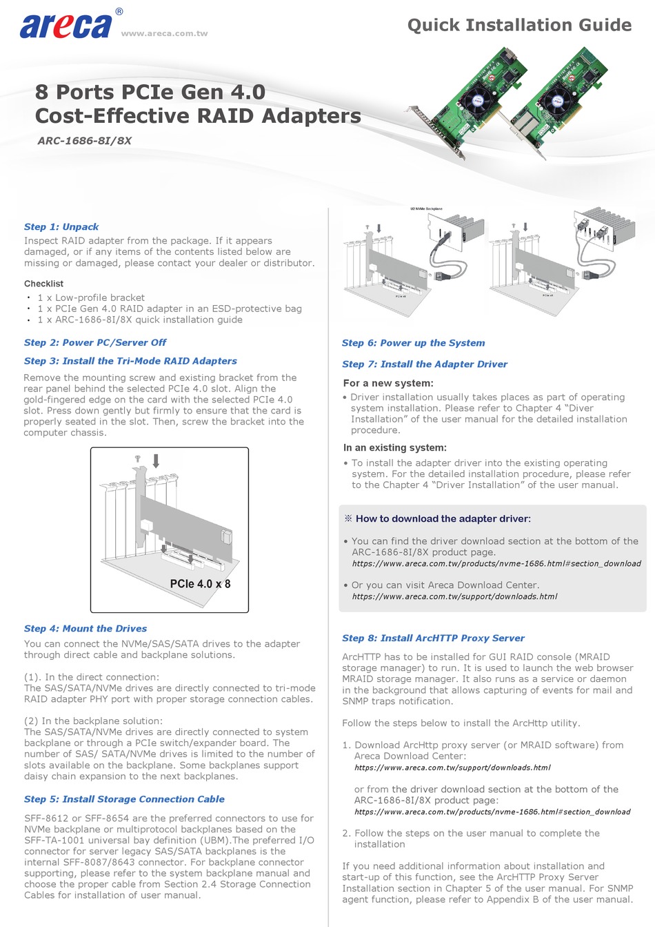 ARECA ARC-1686-8I QUICK INSTALLATION MANUAL Pdf Download | ManualsLib