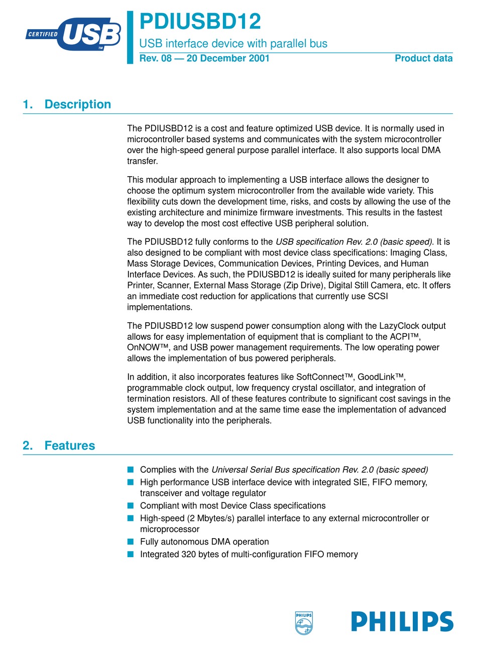 PHILIPS PDIUSBD12 PRODUCT DATA Pdf Download | ManualsLib