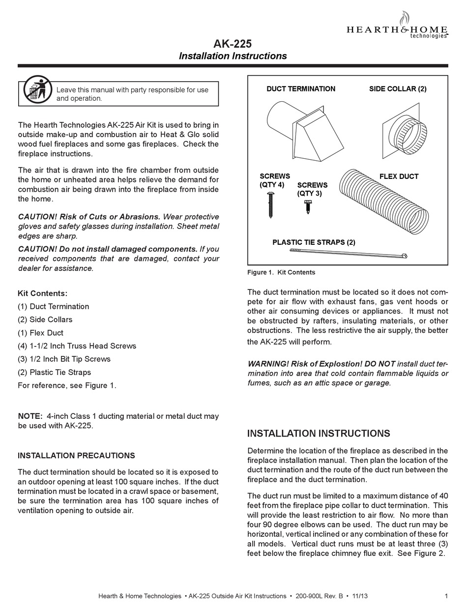 HEARTH AND HOME TECHNOLOGIES AK-225 INSTALLATION INSTRUCTIONS Pdf ...