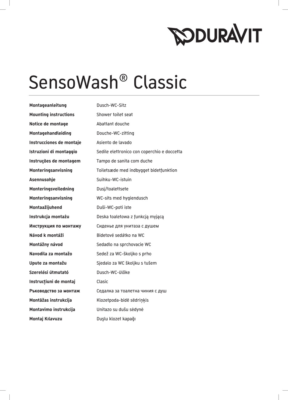 DURAVIT SENSOWASH CLASSIC 613000 01 2 00 4300 MOUNTING INSTRUCTIONS Pdf