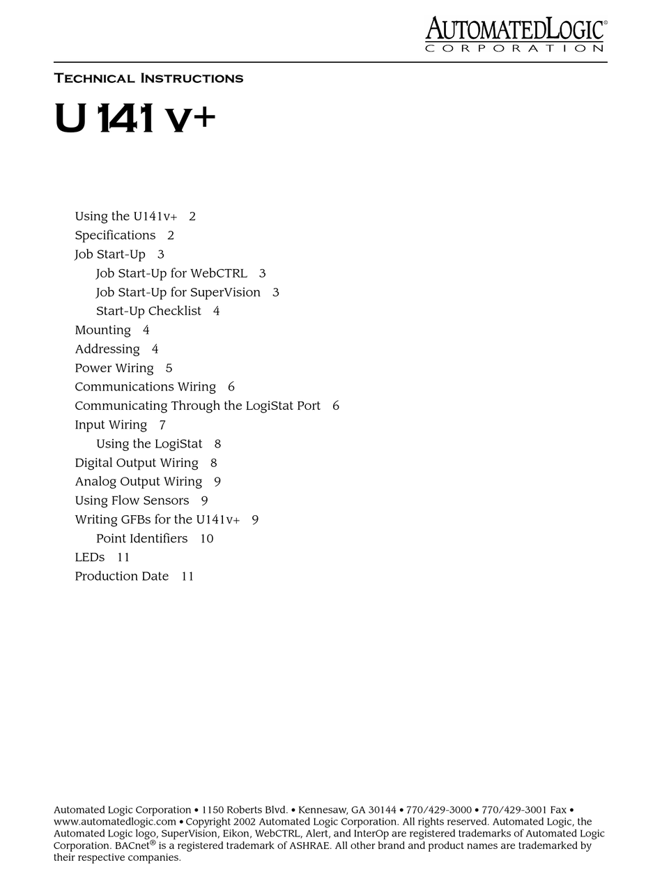 AUTOMATED LOGIC U141V+ TECHNICAL INSTRUCTIONS Pdf Download ManualsLib