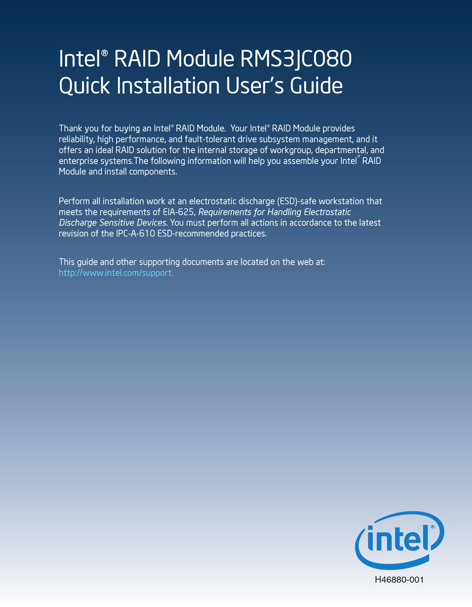 INTEL RMS3JC080 QUICK INSTALLATION USER