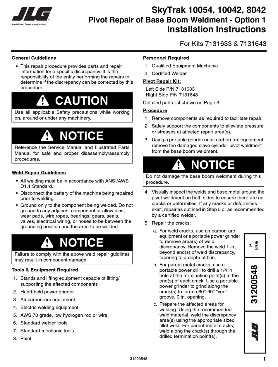 OSHKOSH CORPORATION JLG SKYTRAK 10054 INSTALLATION INSTRUCTIONS Pdf ...