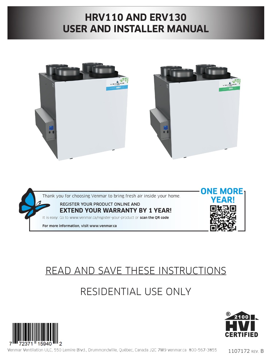 VENMAR HRV110 USER'S AND INSTALLER'S MANUAL Pdf Download ManualsLib