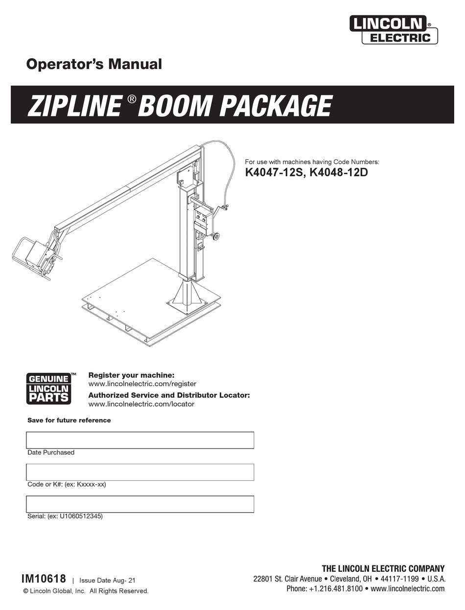 LINCOLN ELECTRIC ZIPLINE BOOM PACKAGE OPERATOR'S MANUAL Pdf Download