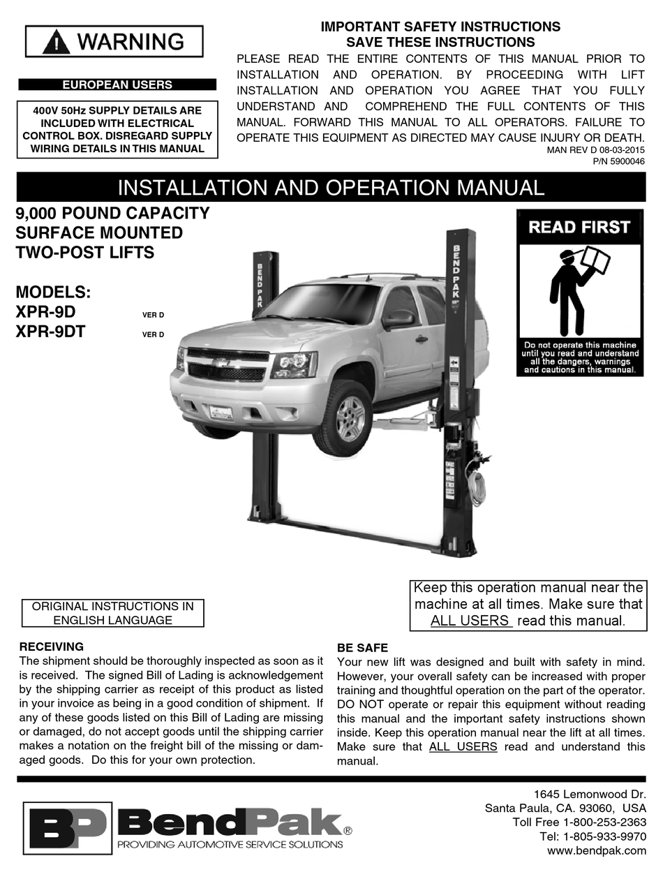 BENDPAK XPR9DT INSTALLATION AND OPERATION MANUAL Pdf Download ManualsLib