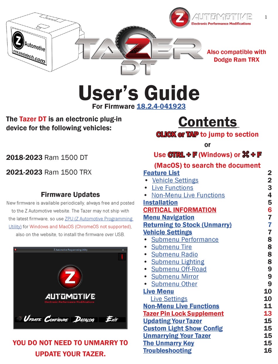 Z AUTOMOTIVE TAZER DT USER MANUAL Pdf Download ManualsLib