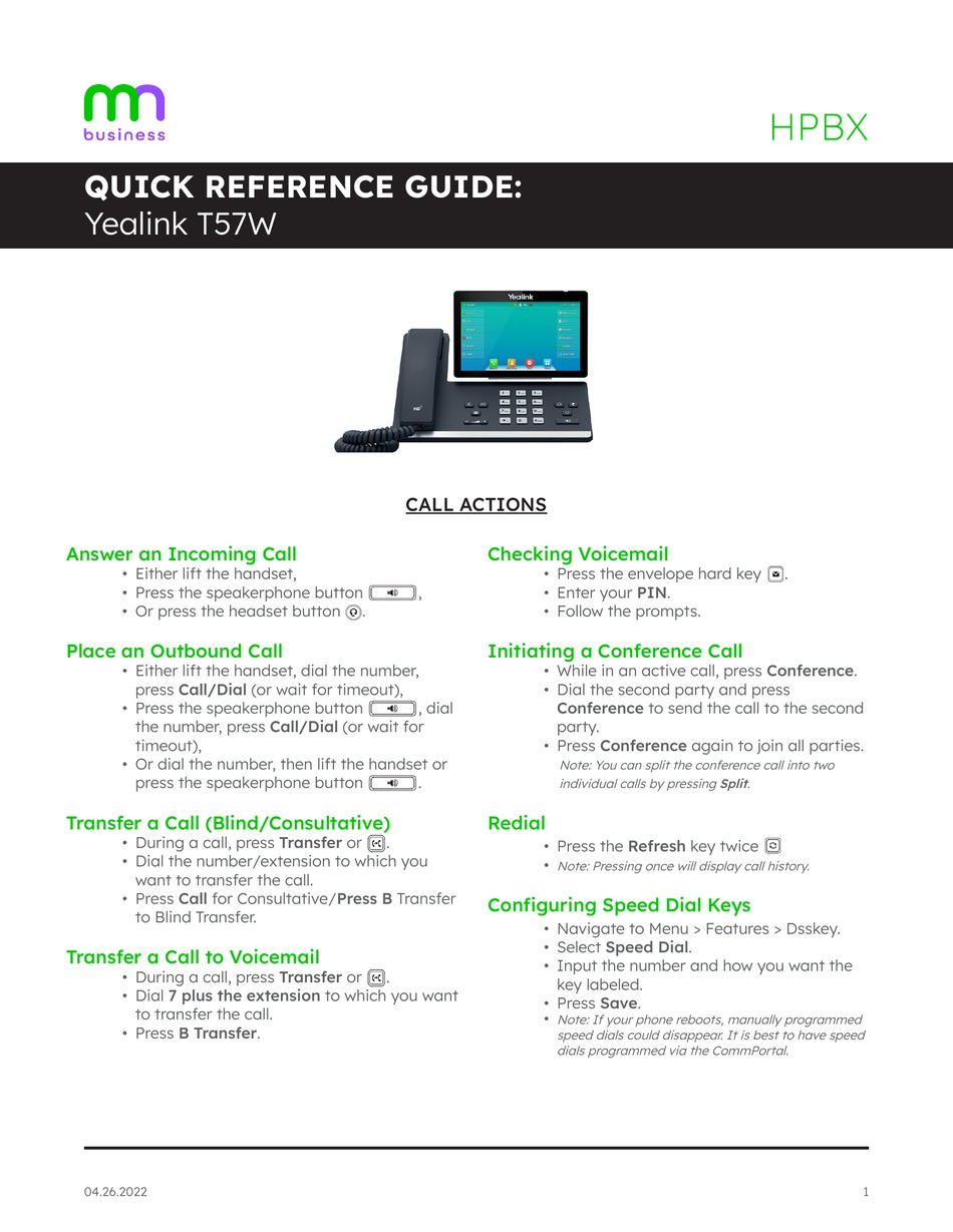 Yealink T57w Quick Reference Manual Pdf Download Manualslib