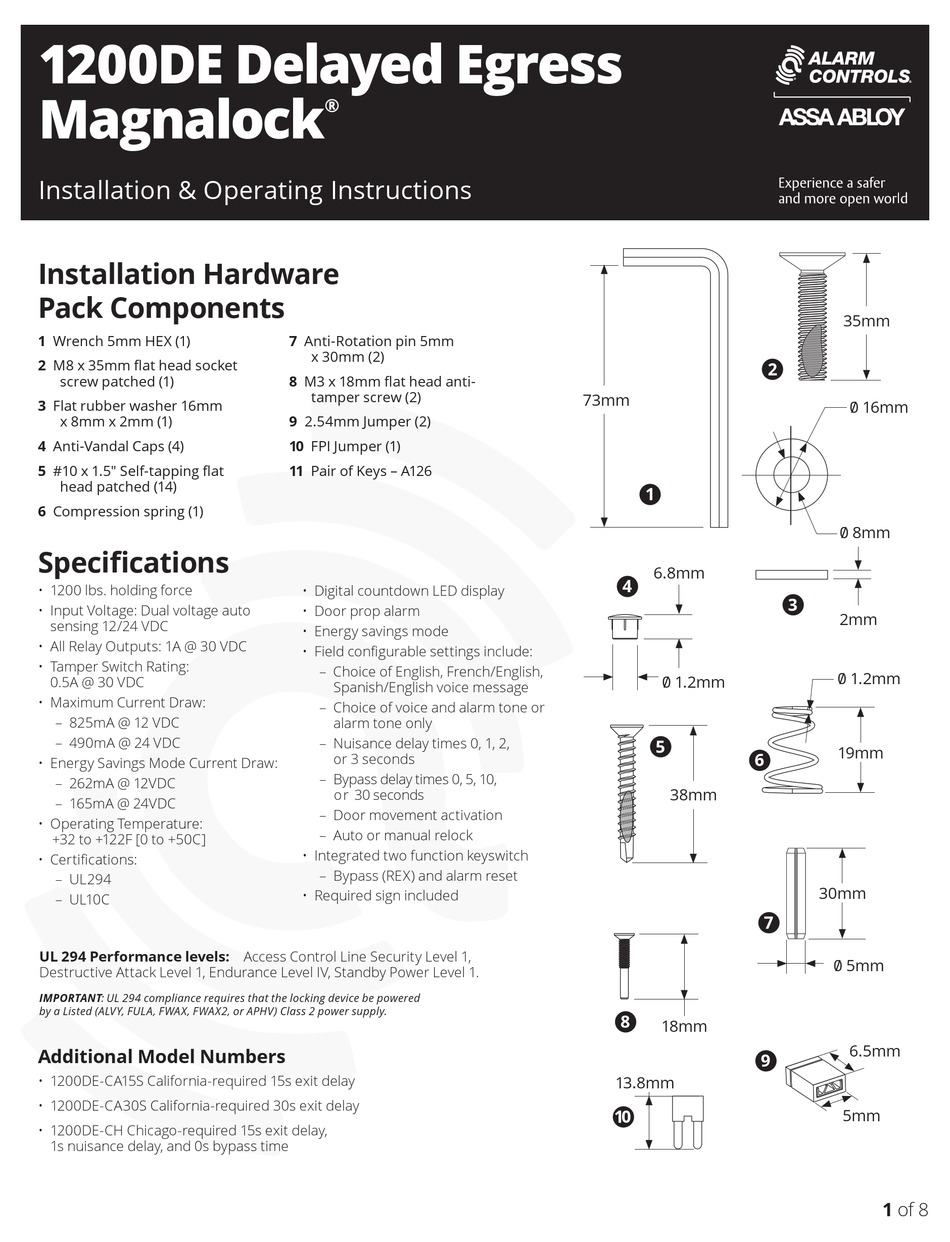 ASSA ABLOY ALARM CONTROLS MAGNALOCK 1200DE DELAYED EGRESS INSTALLATION ...