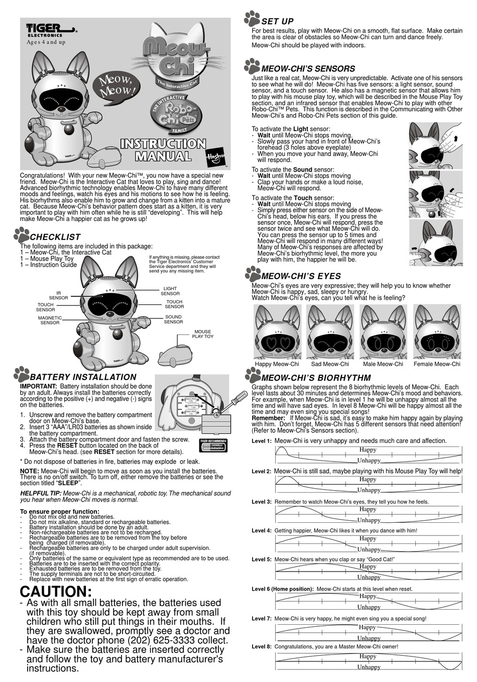 HASBRO TIGER ELECTRONICS ROBOCHI PETS MEOWCHI INSTRUCTION MANUAL Pdf