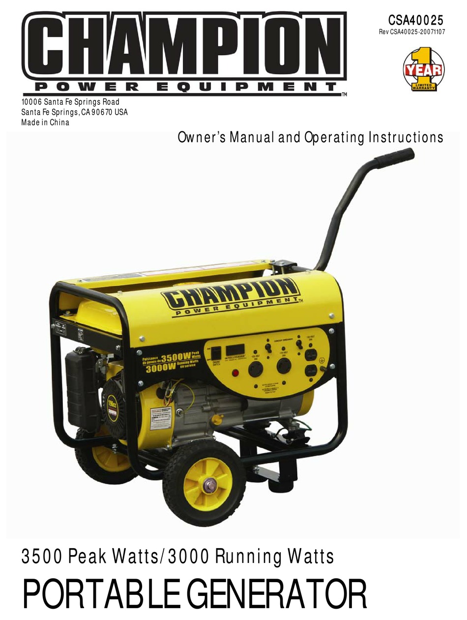 CHAMPION POWER EQUIPMENT CSA40025 OWNER'S MANUAL AND OPERATING