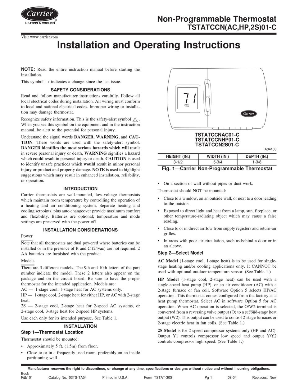 CARRIER TSTATCCNAC01-C INSTALLATION AND OPERATING INSTRUCTIONS MANUAL ...