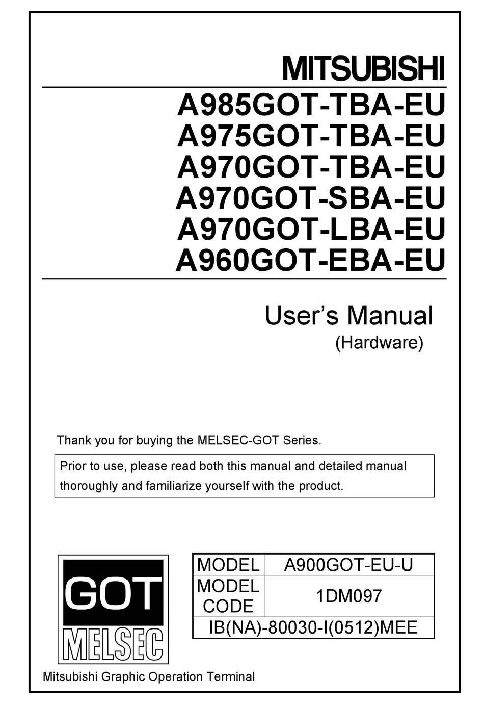 MITSUBISHI GOT MELSEC A985GOTTBAEU USER MANUAL Pdf Download ManualsLib