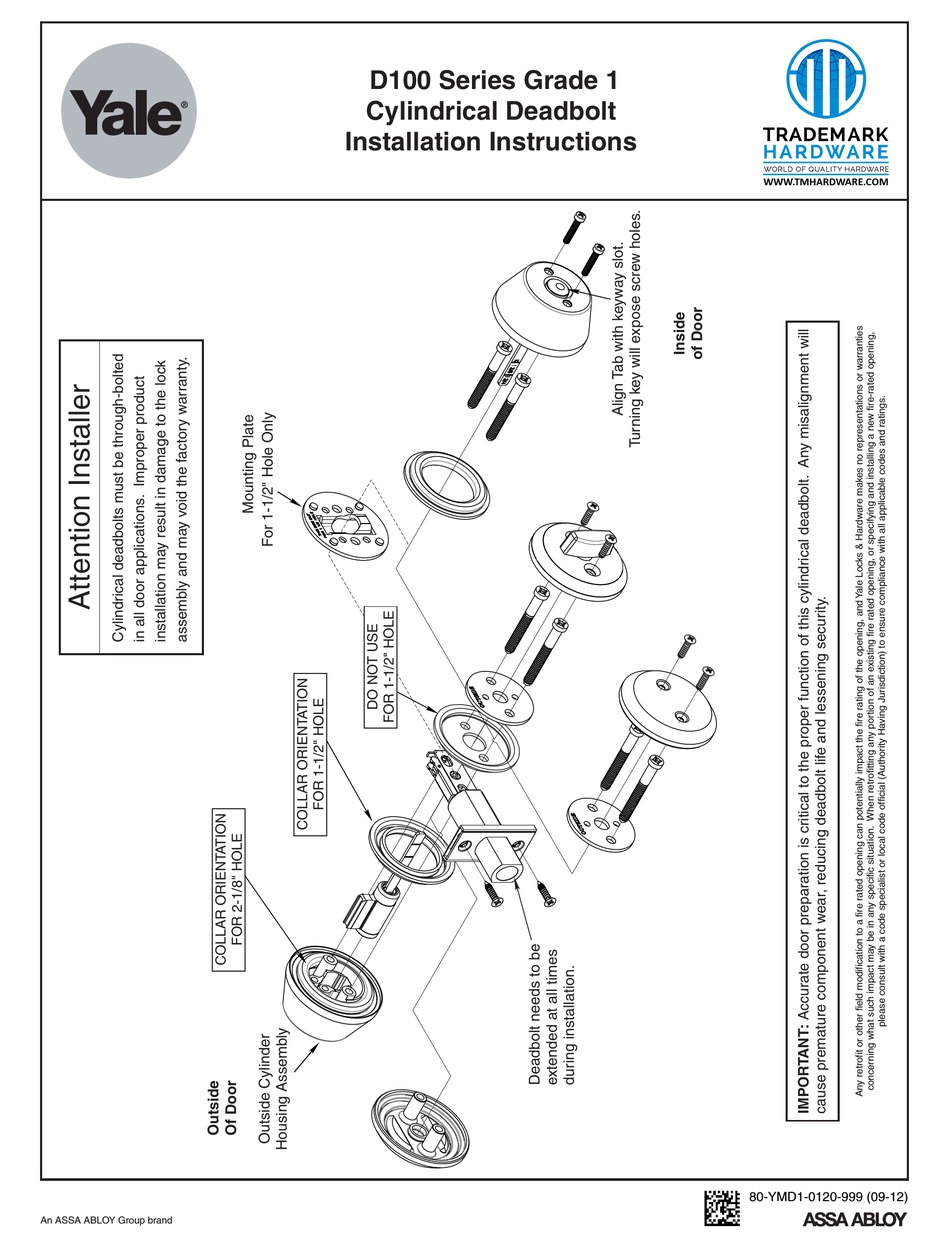 YALE D112 INSTALLATION INSTRUCTIONS Pdf Download ManualsLib