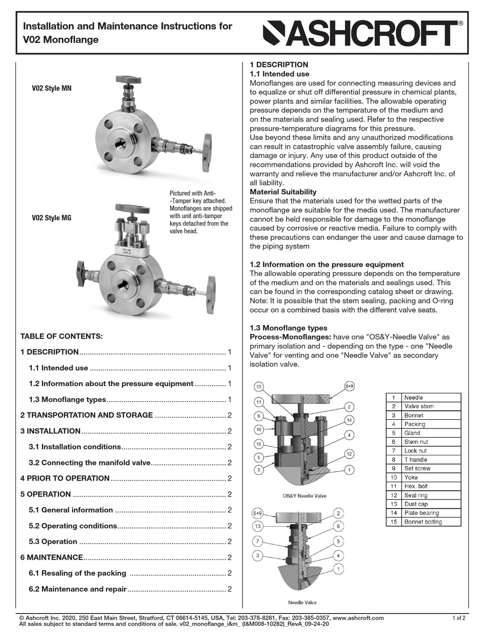 ASHCROFT V02 INSTALLATION AND MAINTENANCE INSTRUCTIONS Pdf Download