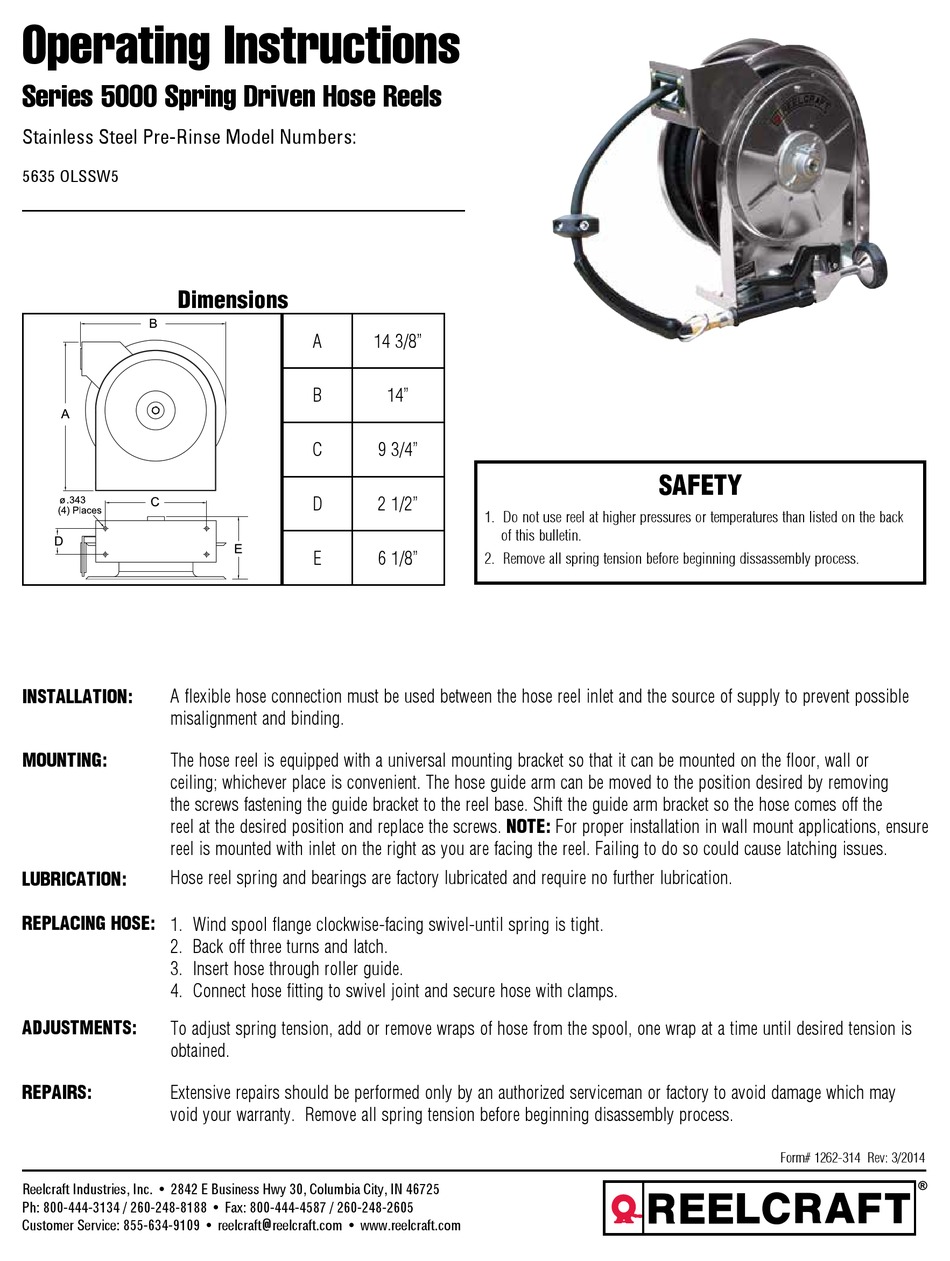 REELCRAFT INDUSTRIES 5000 SERIES OPERATING INSTRUCTIONS MANUAL Pdf ...