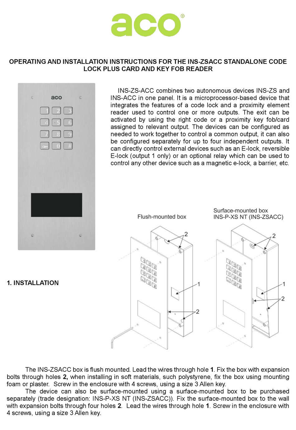 ACO INSZSACC OPERATING AND INSTALLATION INSTRUCTIONS Pdf Download