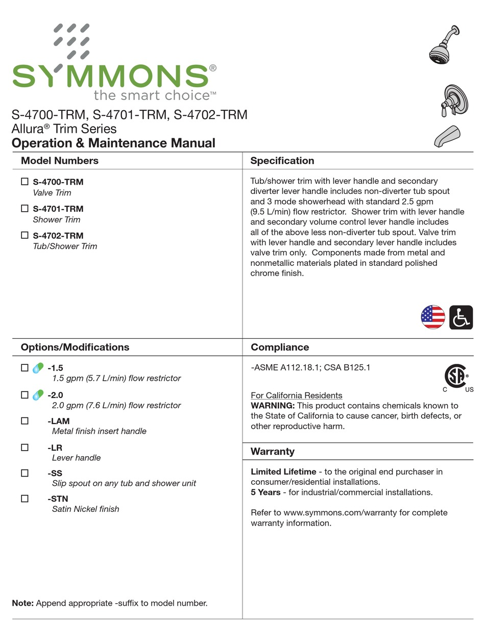 SYMMONS ALLURA S4701TRM OPERATION & MAINTENANCE MANUAL Pdf Download