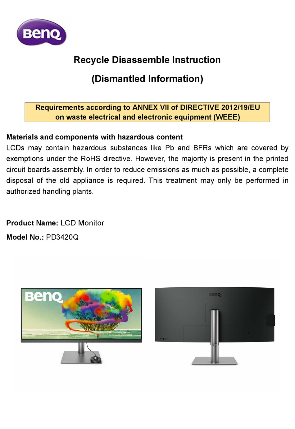 BENQ PD3420Q DISASSEMBLE INSTRUCTIONS Pdf Download ManualsLib