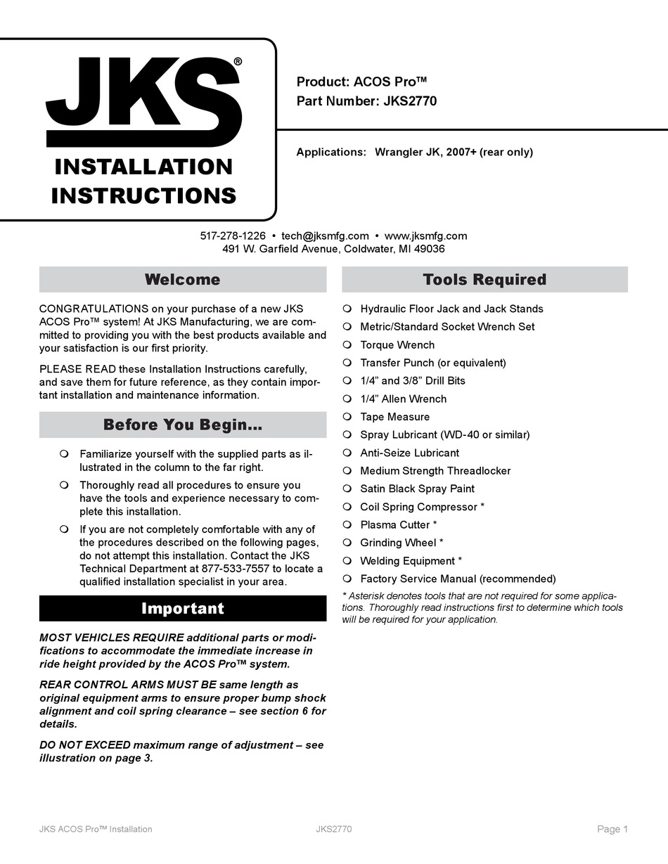 JKS ACOS PRO JKS2770 INSTALLATION INSTRUCTIONS Pdf Download ManualsLib