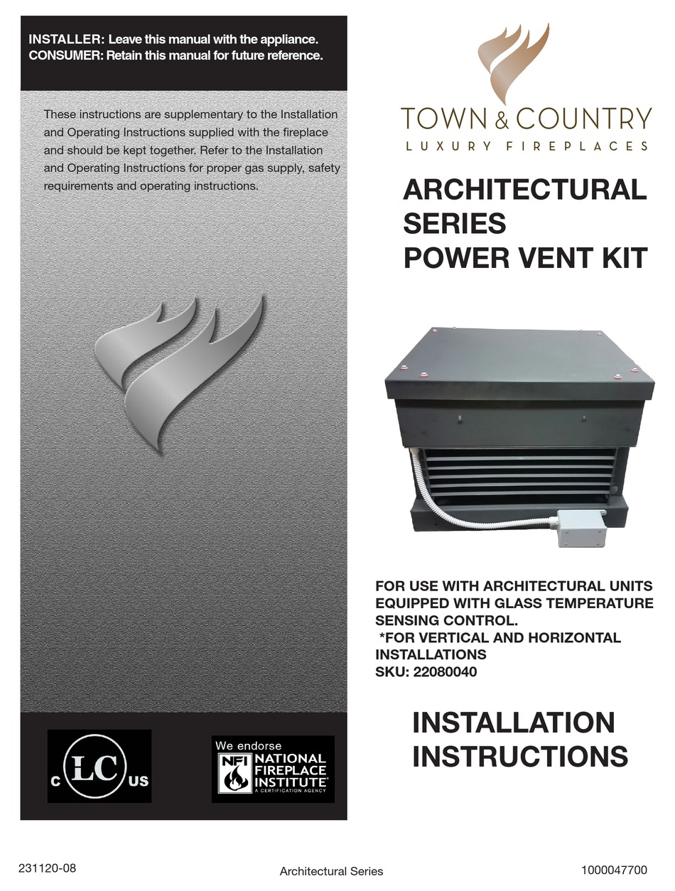 TOWN & COUNTRY FIREPLACES 22080040 INSTALLATION INSTRUCTIONS MANUAL Pdf