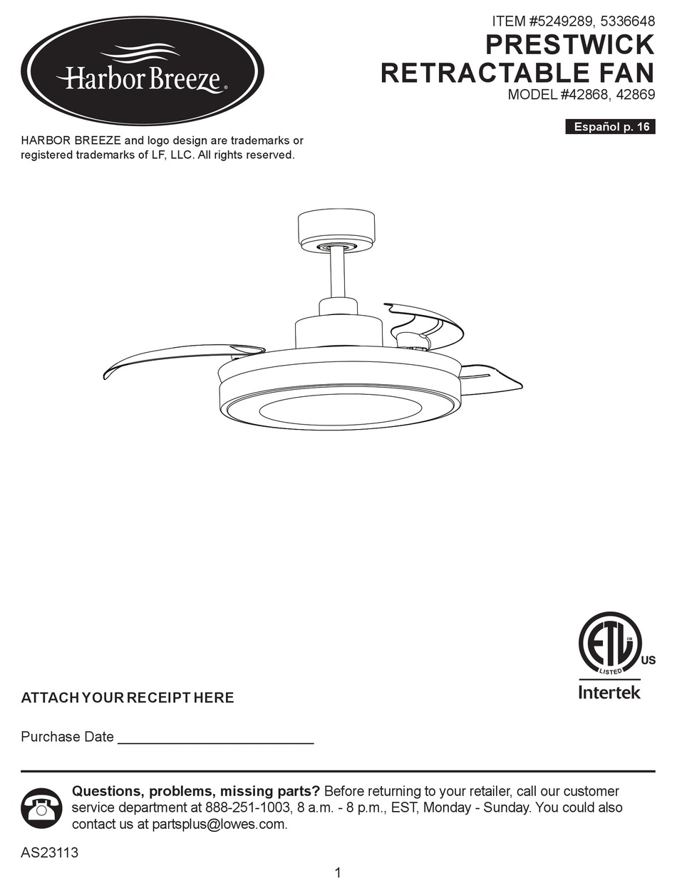 HARBOR BREEZE PRESTWICK 42868 INSTRUCTIONS MANUAL Pdf Download ManualsLib