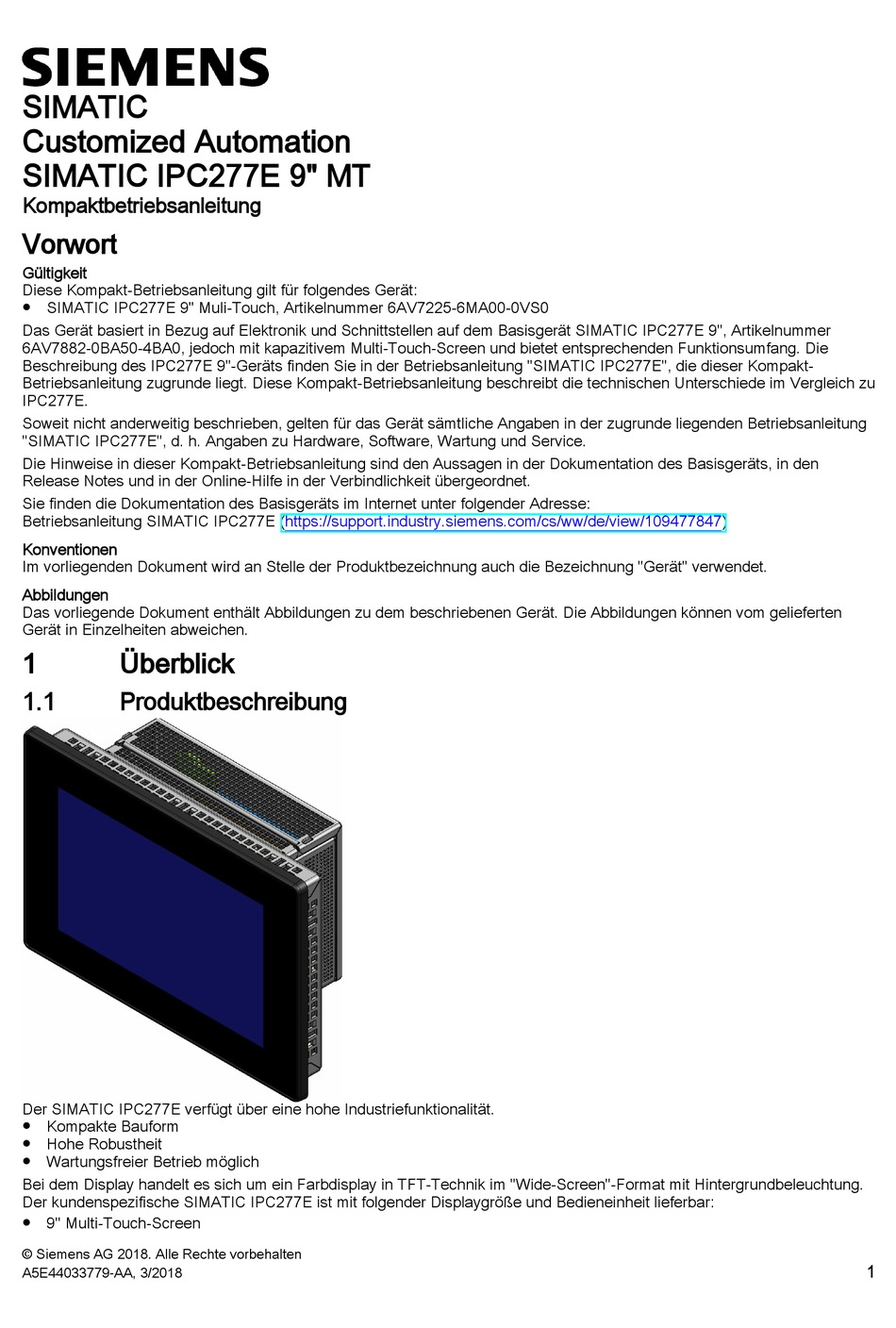 SIEMENS SIMATIC IPC277E COMPACT OPERATING INSTRUCTIONS Pdf Download