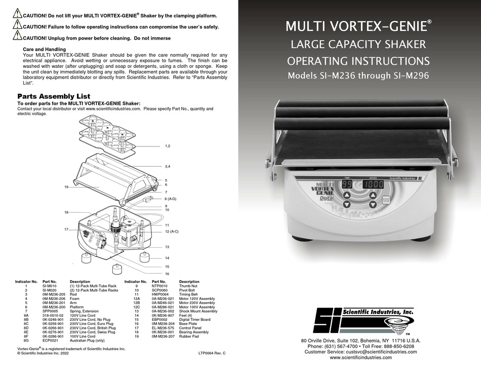 SCIENTIFIC INDUSTRIES MULTI VORTEXGENIE SIM236 OPERATING INSTRUCTIONS