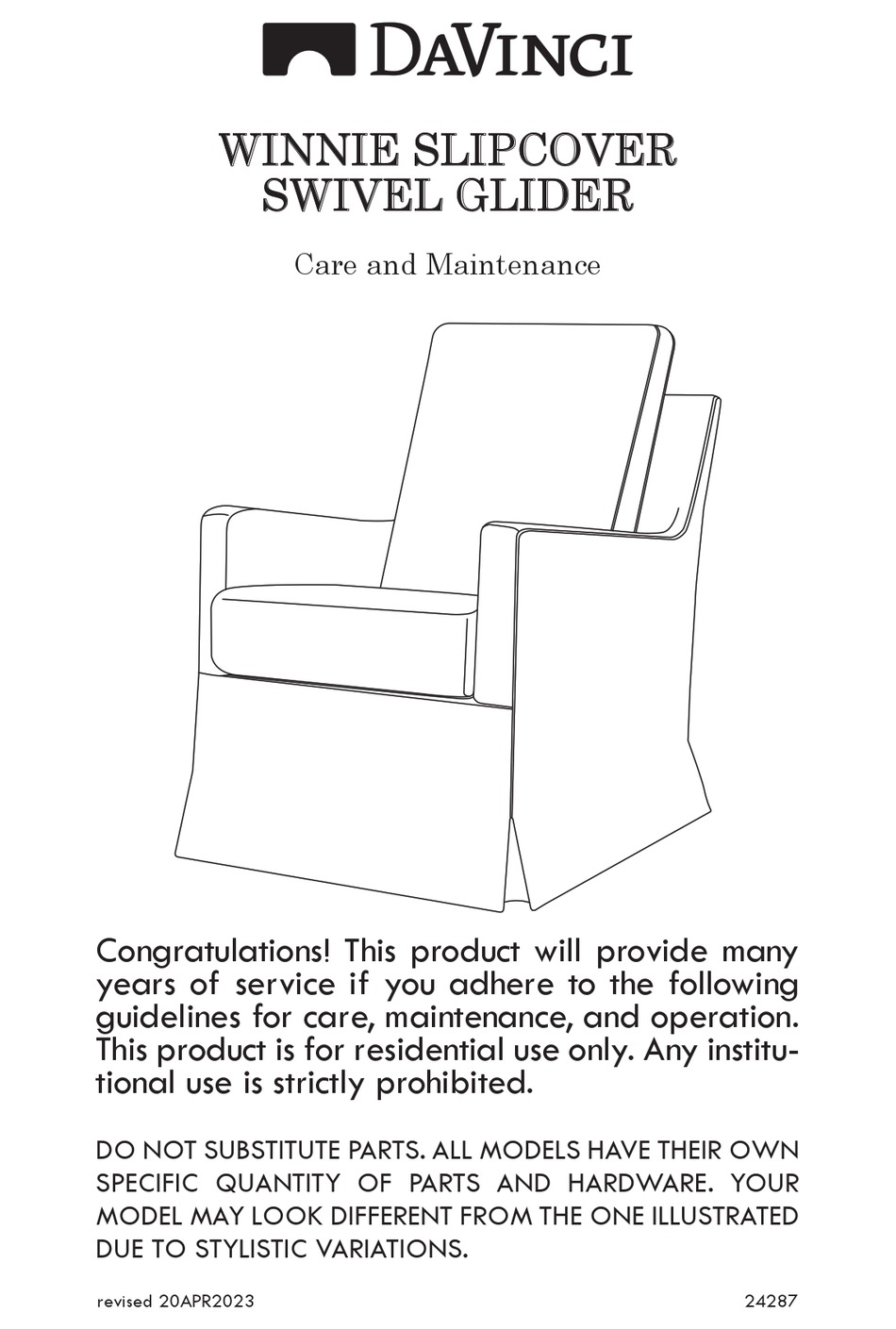 DAVINCI WINNIE SLIPCOVER SWIVEL GLIDER CARE AND MAINTENANCE Pdf