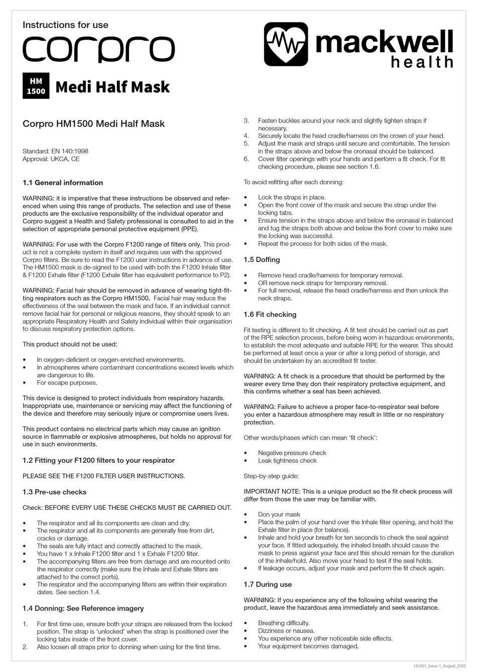 MACKWELL CORPRO HM1500 MEDI HALF MASK INSTRUCTIONS FOR USE Pdf Download