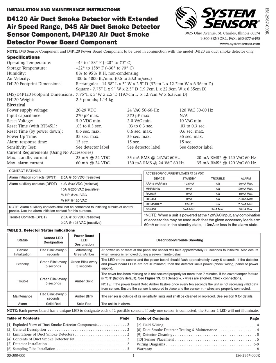 SYSTEM SENSOR D4120 INSTALLATION AND MAINTENANCE INSTRUCTIONS MANUAL