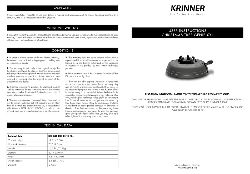 KRINNER CHRISTMAS TREE GENIE XXL USER INSTRUCTIONS Pdf Download