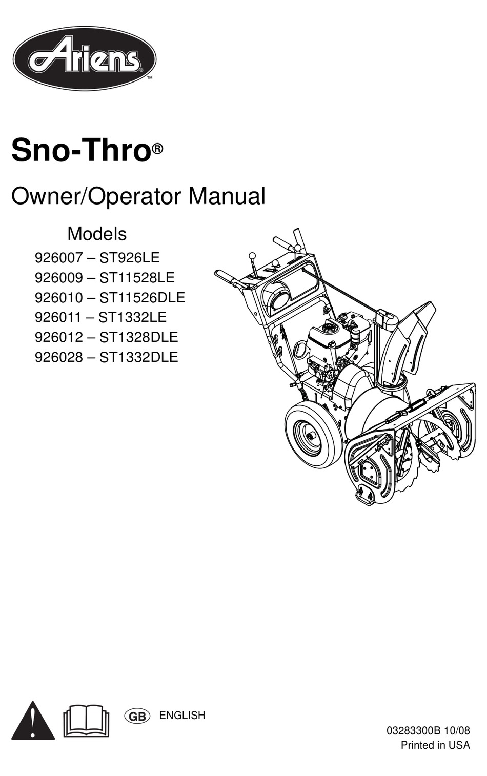 ARIENS SNOTHRO ST926LE OWNER