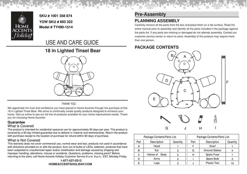 HOME ACCENTS HOLIDAY TY4901514 USE AND CARE MANUAL Pdf Download