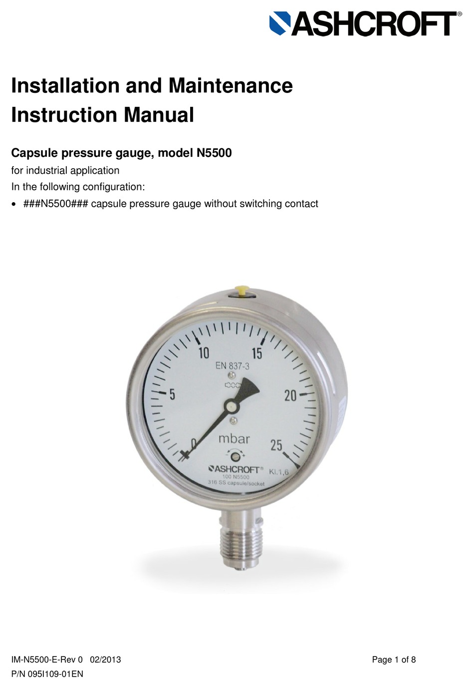 ASHCROFT N5500 INSTALLATION AND MAINTENANCE INSTRUCTION MANUAL Pdf