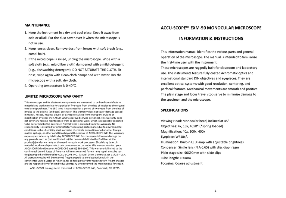 ACCU-SCOPE EXM-50 INFORMATION & INSTRUCTIONS Pdf Download | ManualsLib