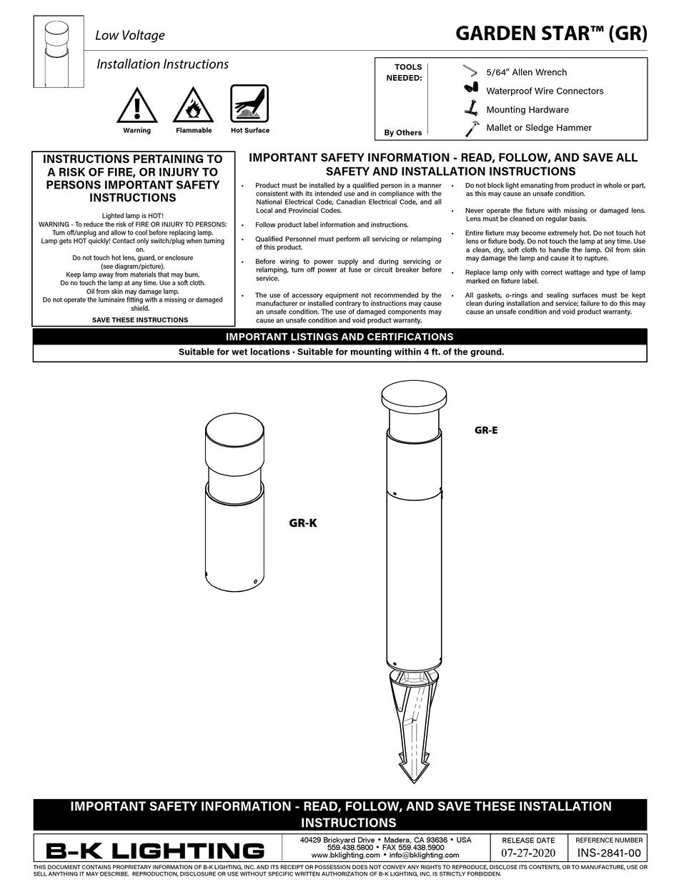 BK LIGHTING GARDEN STAR GRK INSTALLATION INSTRUCTIONS Pdf Download ManualsLib