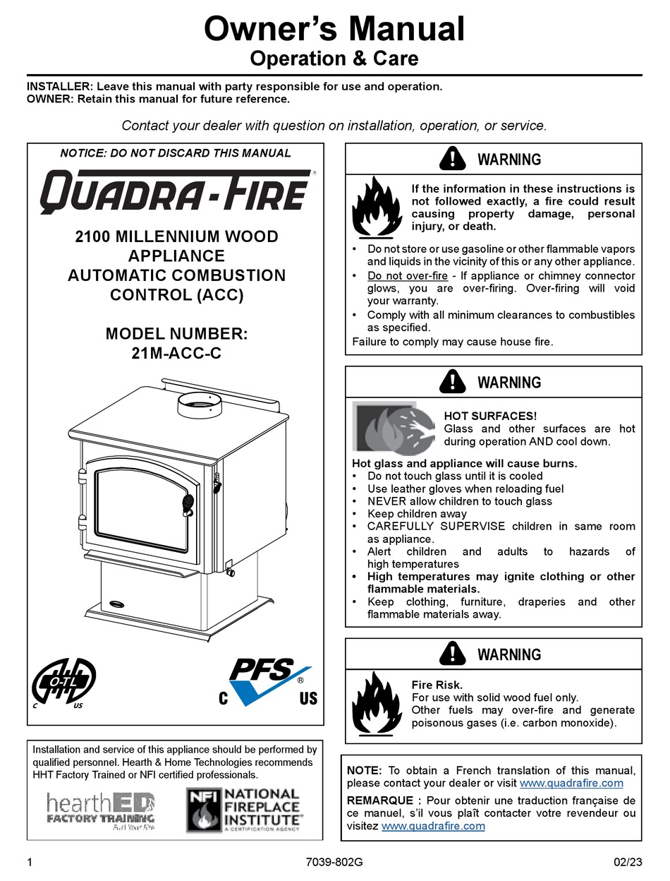 QUADRA-FIRE 21M-ACC-C OWNER'S MANUAL Pdf Download | ManualsLib