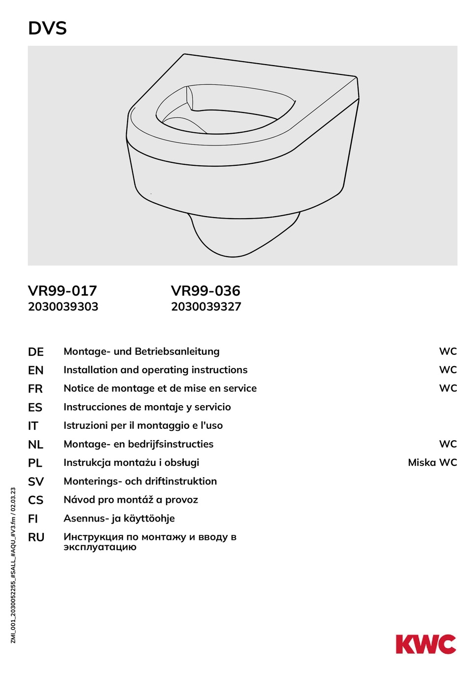KWC VR99017 INSTALLATION AND OPERATING INSTRUCTIONS MANUAL Pdf